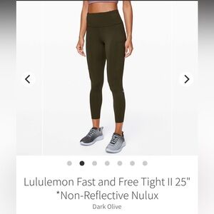 Women’s Lululemon Fast and Free Tight Olive Green Size 8 25” Non Reflective